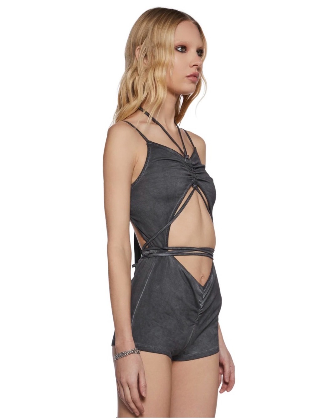 Darker Wavs chord cut out Charcoal Cutout Romper with Strappy Details